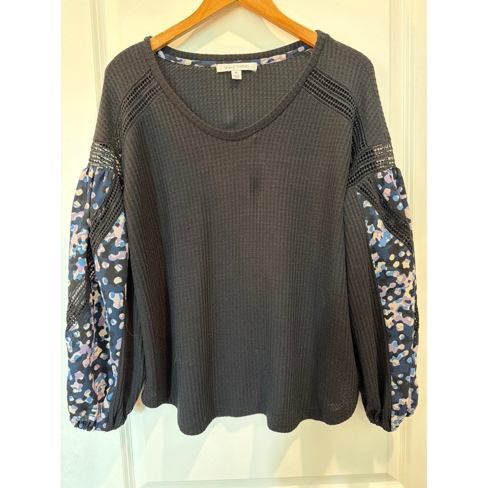 Single Thread Black Waffle Knit Balloon Sleeve Lace Top XL Leopard Print Boho
